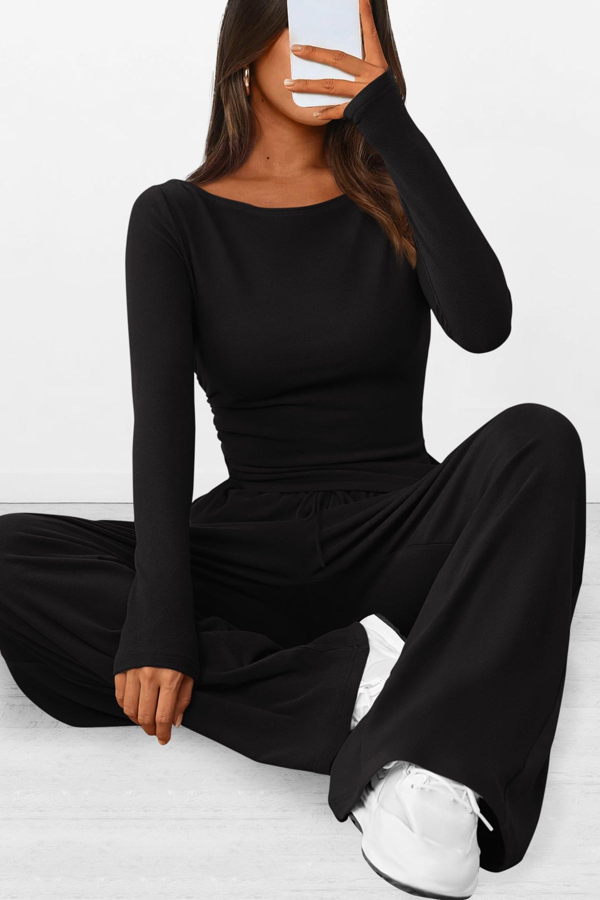 2 Piece Lounge Sets Asymmetrical Long Sleeve T Shirt Wide Leg Pants Casual Outfits Tracksuit