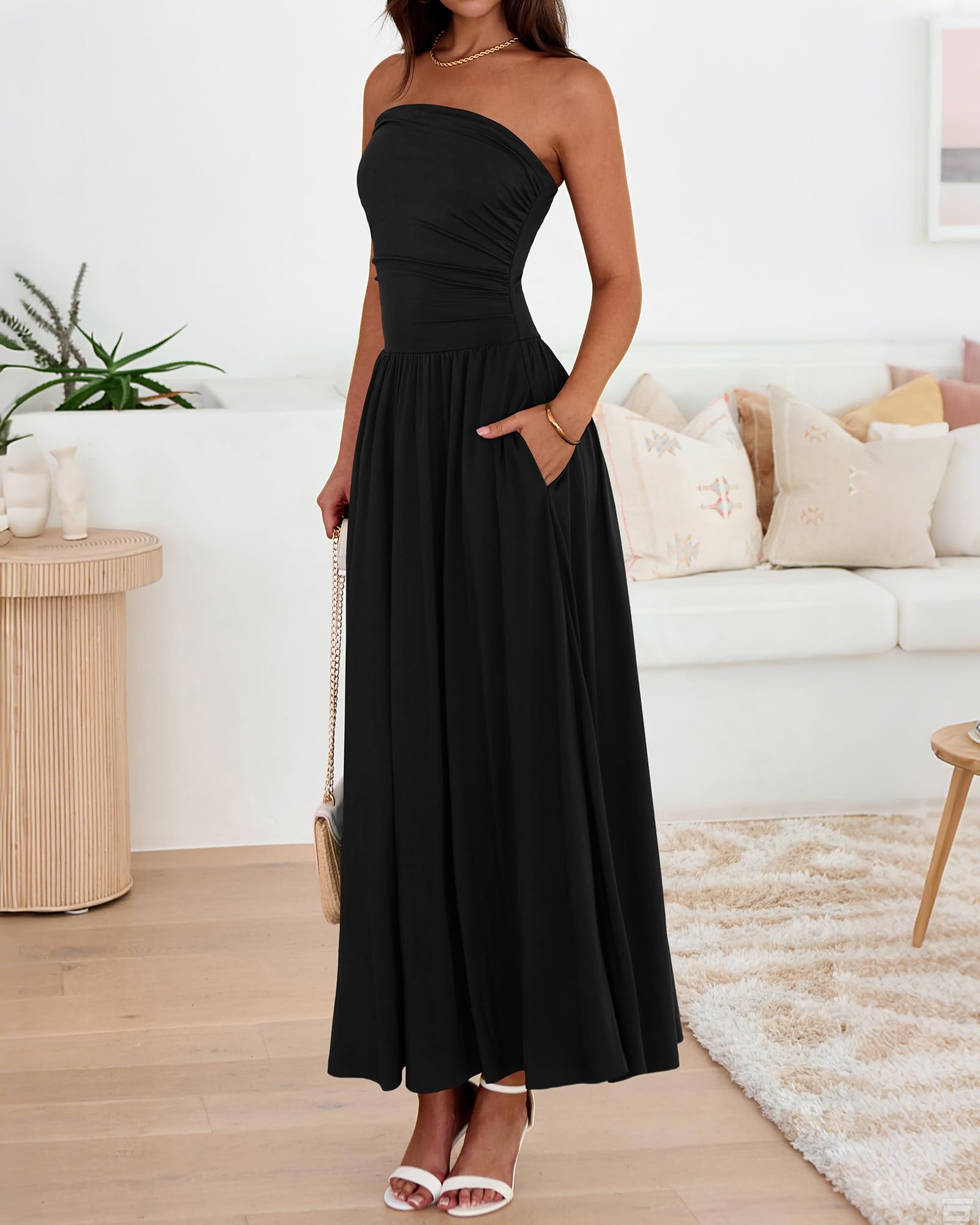 BTFBM Summer Maxi Dresses for Women Strapless Ruched Tube Top Beach Vacation Spring Wedding Guest Dress Pockets PRETTYGARDEN