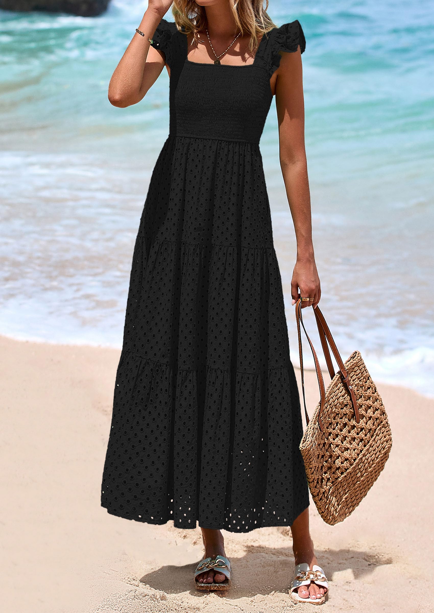 PRETTYGARDEN Womens Square Neck Maxi Dresses Cap Sleeve Eyelet Smocked Tiered A Line Flowy Long Dress with Pockets