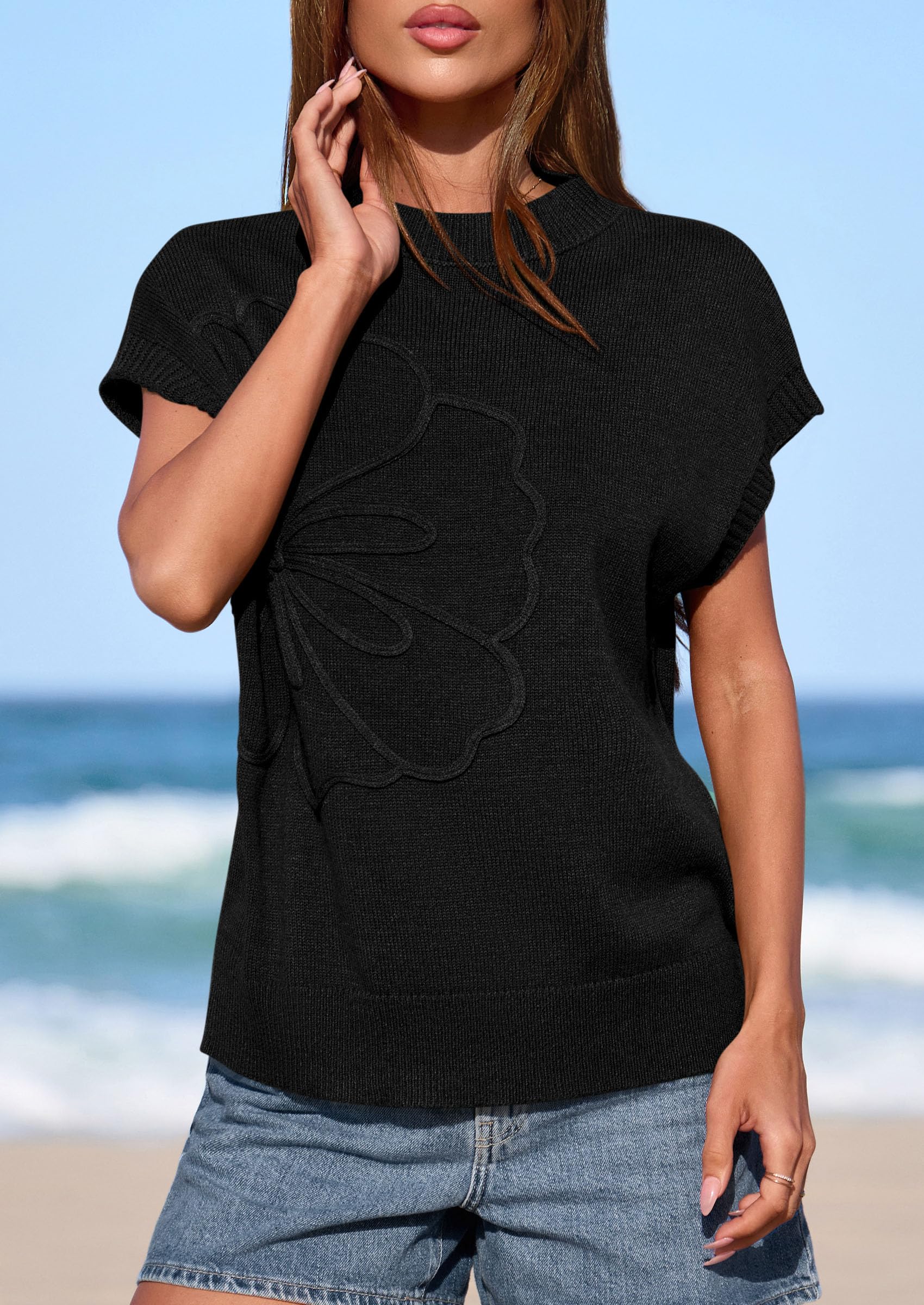 PRETTYGARDEN Women's Spring Sweater Vest Trendy Flower Knit Short Sleeve Cute Pullover Tank Tops Summer Fashion Clothing PRETTYGARDEN