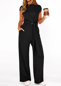 PRETTYGARDEN 2 Piece Matching Lounge Sets For Women Summer Short Sleeve Tie Front Crop Tops Casual Wide Leg Pants Tracksuit PRETTYGARDEN