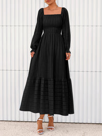 BTFBM Women Maxi Fall Dresses Long Sleeve Solid Color Square Neck Smocked Boho Long Wedding Guest Dress