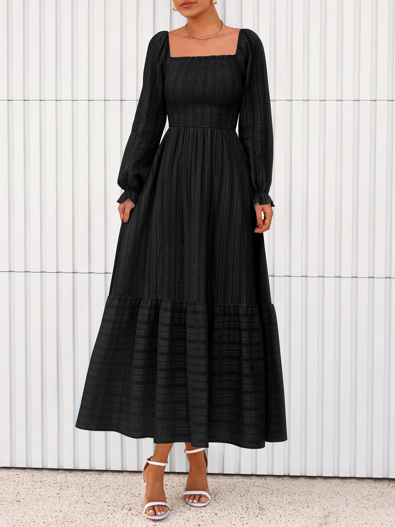 BTFBM Women Maxi Fall Dresses Long Sleeve Solid Color Square Neck Smocked Boho Long Wedding Guest Dress