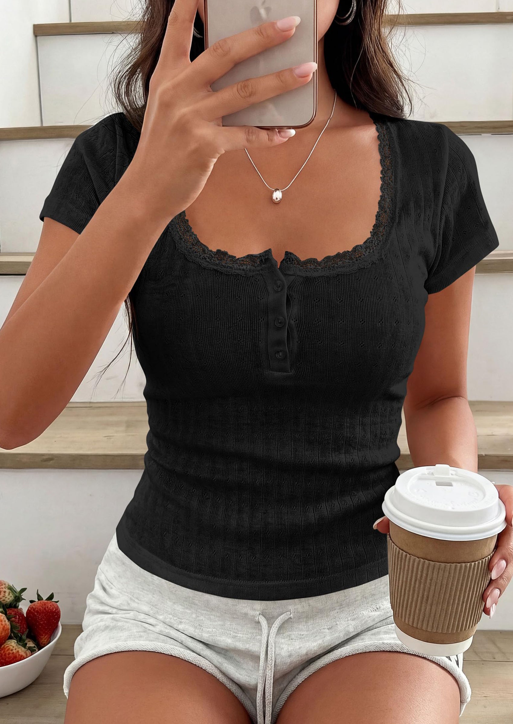 PRETTYGARDEN Summer Tops for Women Short Sleeve Lace Trim Slim Fitted Henley Tee Shirts Y2K Fashion Clothing PRETTYGARDEN