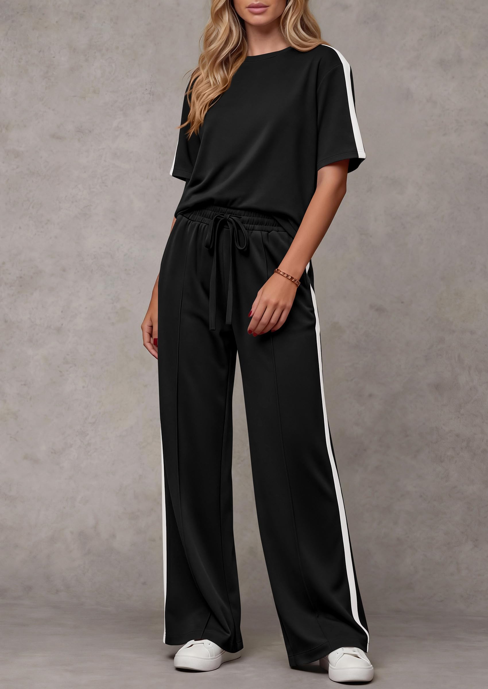 PRETTYGARDEN Women's 2 Piece Sets Summer Casual Short Sleeve Tops Wide Leg Pants Matching Lounge Set Vacation Travel Outfits PRETTYGARDEN