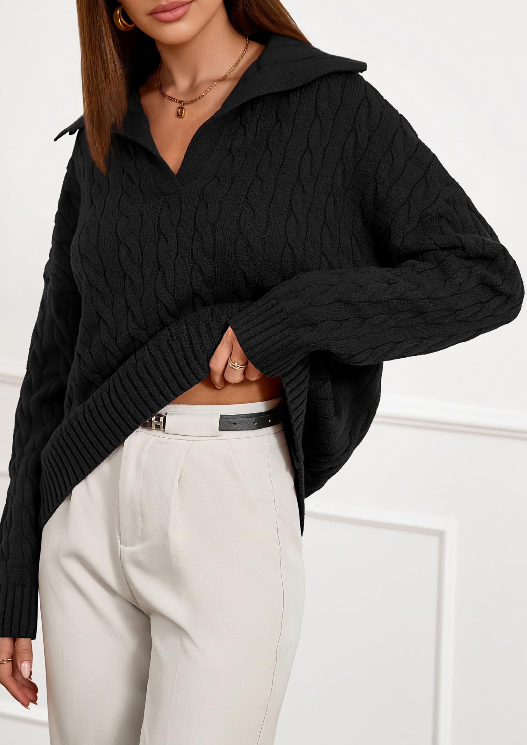 PRETTYGARDEN Fall Cable Knit Oversized Sweaters for Women Polo V Neck Long Sleeve Casual Chunky Sweater Pullover Tops PRETTYGARDEN