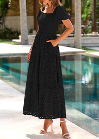 PRETTYGARDEN Dresses for Women Eyelet Square Neck Puff Sleeve Smocked Wedding Guest Maxi Dress with Pockets