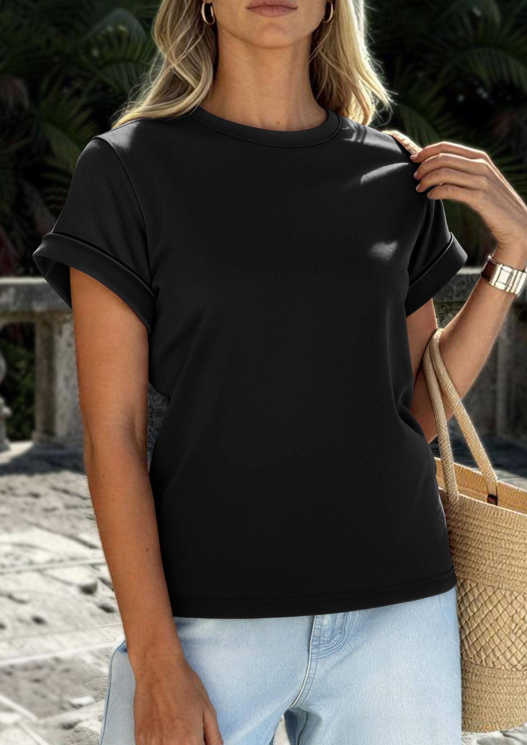 PRETTYGARDEN Womens Summer Tops Spring Casual Rolled Short Sleeve Basic Tees Crew Neck Work Shirts Fashion Clothing PRETTYGARDEN