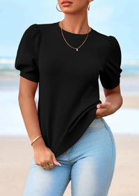 PRETTYGARDEN Womens Tops Spring Summer Puff Short Sleeve Sweater Crewneck Knit Work Blouses Dressy Casual Trendy Shirts PRETTYGARDEN