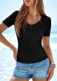 PRETTYGARDEN Women Spring Tops Trendy Ribbed Short Sleeve V Neck Fitted Basic Tee Shirts Casual Going Out Summer Outfits PRETTYGARDEN