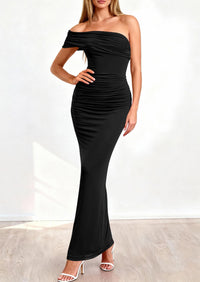 PRETTYGARDEN Women's Wedding Guest Cocktail Dresses One Off The Shoulder Ruched Bodycon Formal Maxi Party Summer Outfits PRETTYGARDEN