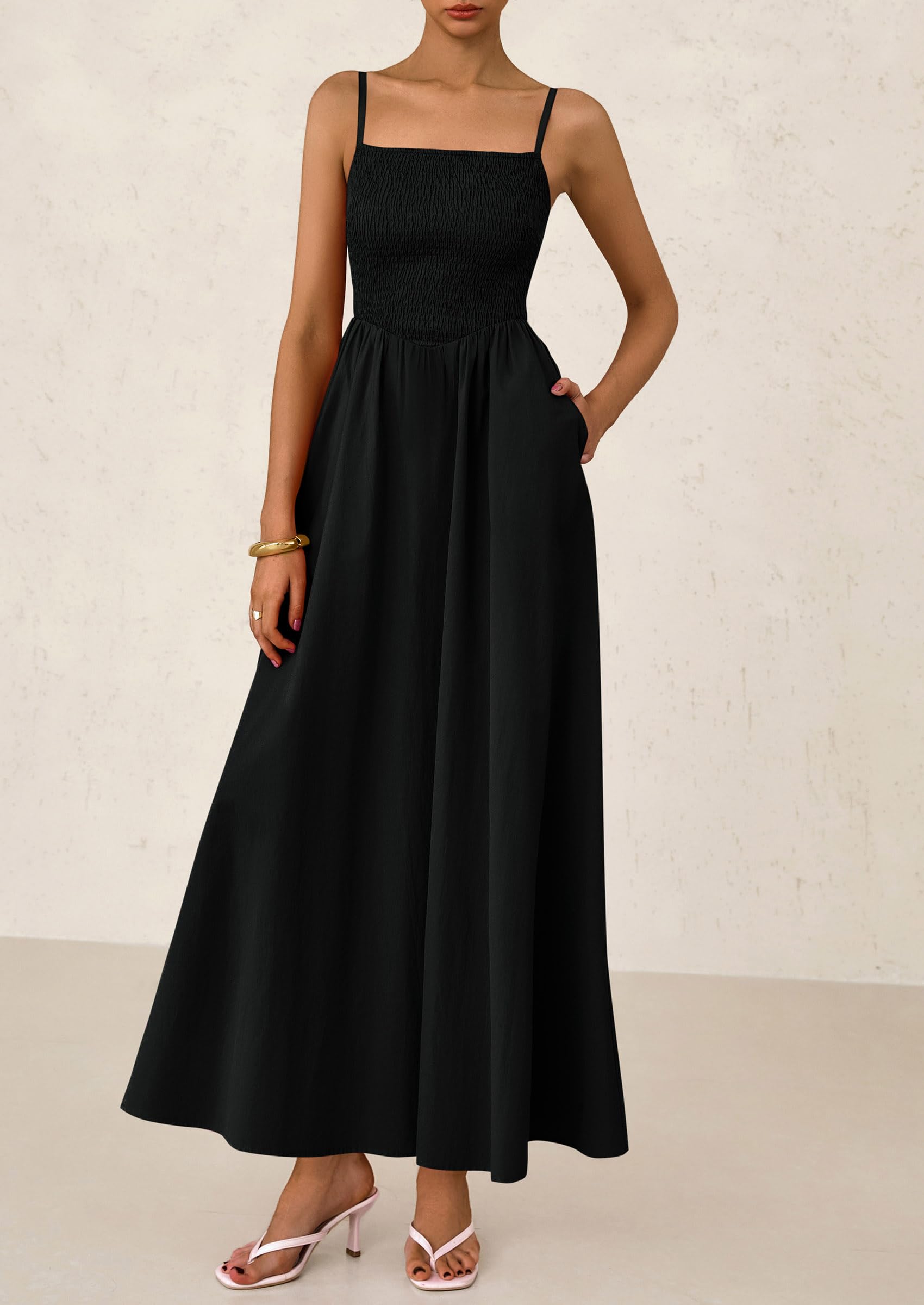 PRETTYGARDEN Women's Smocked Maxi Dresses Beach Sundress Casual Spaghetti Strap Swing A Line Long Flowy Dress