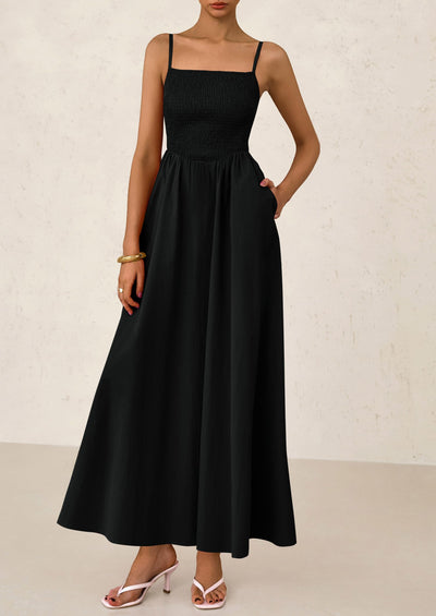 PRETTYGARDEN Women's Smocked Maxi Dresses Beach Sundress Casual Spaghetti Strap Swing A Line Long Flowy Dress