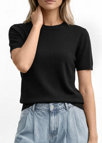 PRETTYGARDEN Women's Short Sleeve Sweaters Spring Crew Neck Knit Work Shirts Business Casual Tops Summer Fashion Clothes PRETTYGARDEN