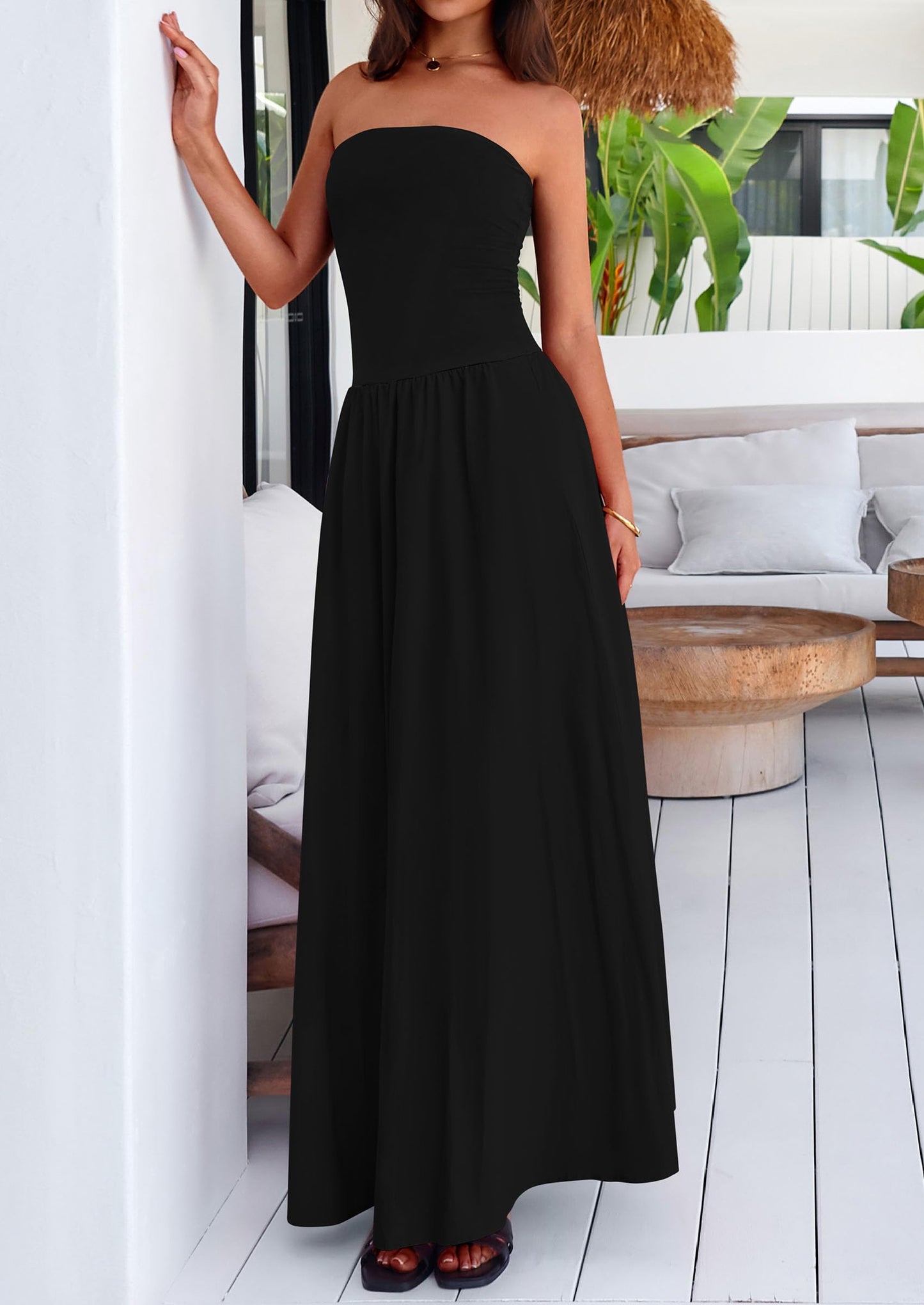 Women's 2025 Summer Strapless Maxi Dresses Patchwork Long Flowy Elegant Going Out Tube Top Dress with Pockets