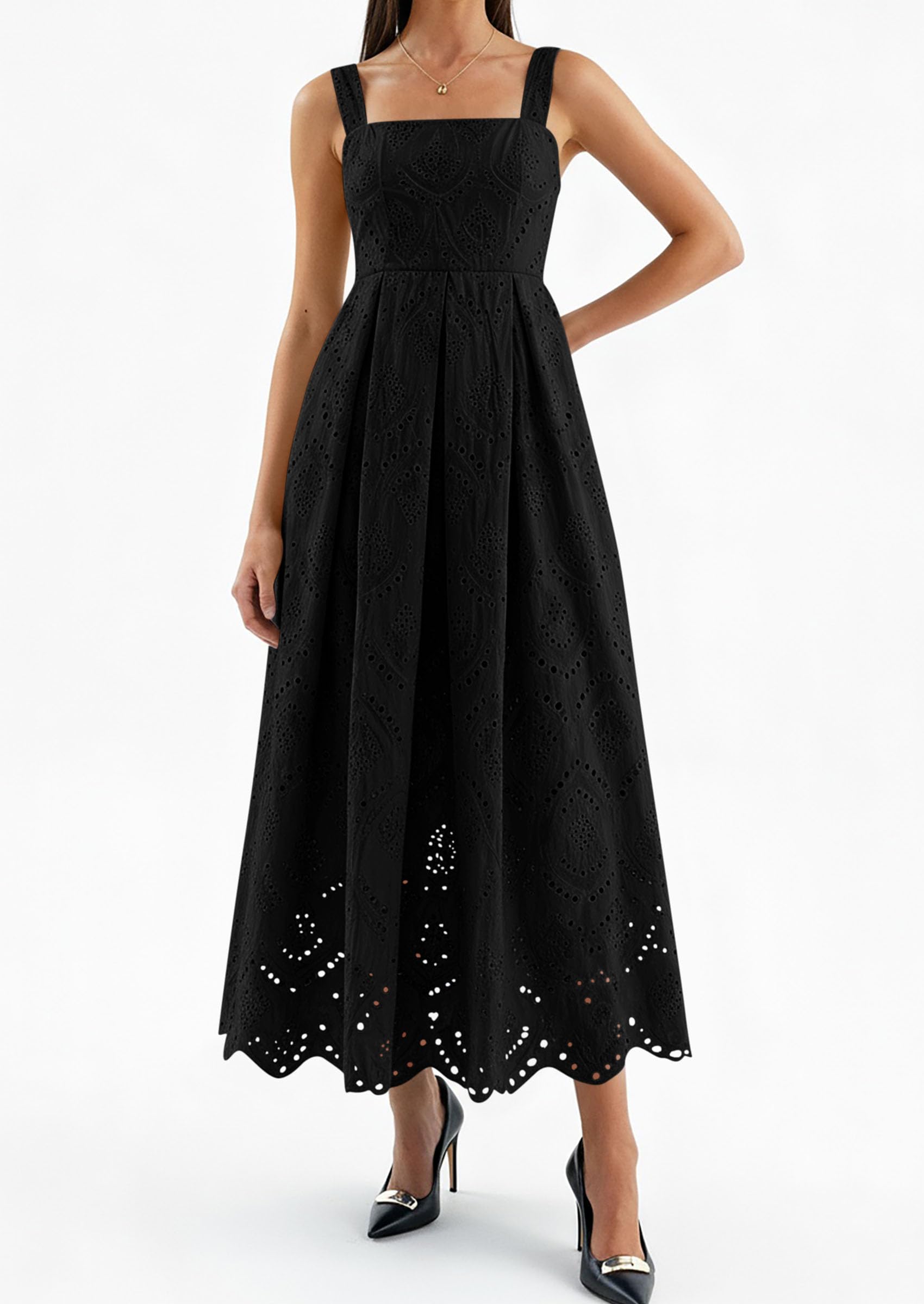 PRETTYGARDEN Womens Sleeveless Maxi Summer Dresses Hollow Out Eyelet Square Neck Ruffle Flowy Beach Vacation Sundress PRETTYGARDEN