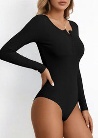 PRETTYGARDEN Long Sleeve Bodysuits for Women Ribbed Knit Henley Button Up Slim Fitted Basic Tops Winter Fashion Clothing PRETTYGARDEN