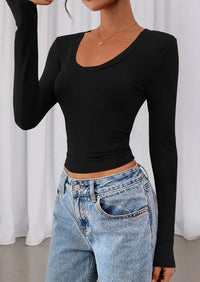 PRETTYGARDEN Womens Long Sleeve T Shirts Fall Trendy Deep V Neck Slim Fit Basic Crop Tops Casual Going Out Top