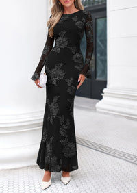 PRETTYGARDEN Women's Formal Floral Maxi Bodycon Dresses  Ruffle Long Sleeve, Fall Winter Outfits 2026 for Wedding Guest, Homecoming & Cocktail, Slimming Mesh Dress with Lining