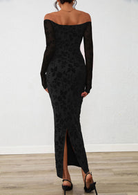 PRETTYGARDEN Womens Off The Shoulder Floral Maxi Bodycon Dress Fall Long Sleeve Mesh Fitted Long Formal Wedding Guest Dresses PRETTYGARDEN