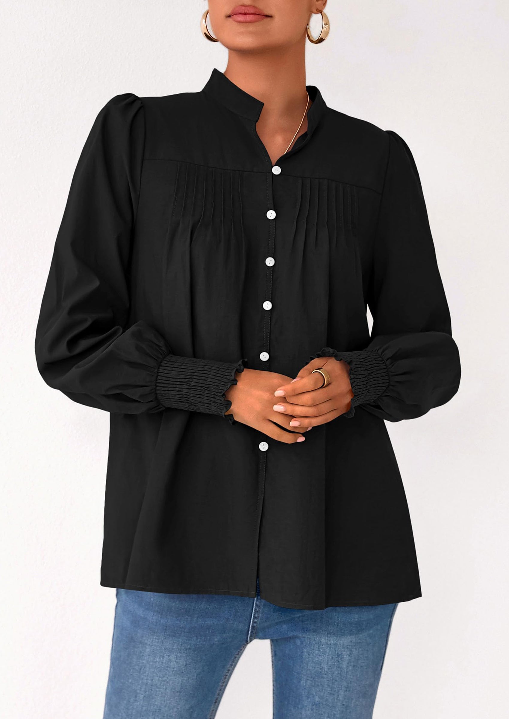 PRETTYGARDEN Womens Fall Lantern Long Sleeve Shirts Trendy Button V Neck Pleated Henley Tops Loose Work Blouses