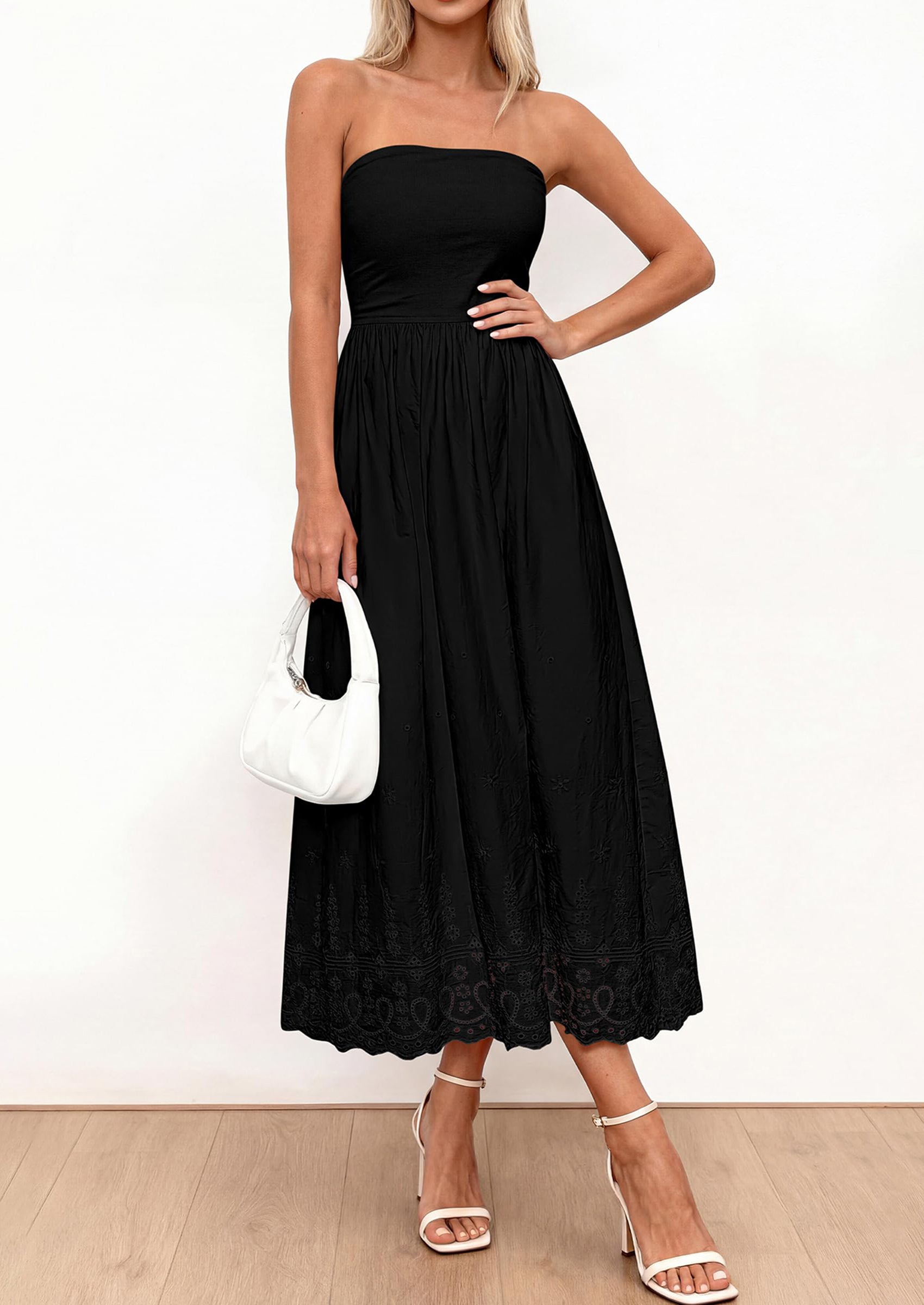 PRETTYGARDEN Womens Summer Dresses Sexy Sleeveless Tube Top Long Dress Eyelet Cotton Maxi Beach Sundress Pockets