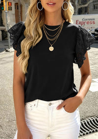 PRETTYGARDEN Womens Tops Dressy Casual Hollow Out Short Sleeve Summer Basic Tees Crewneck T Shirts Trendy Work Blouse PRETTYGARDEN