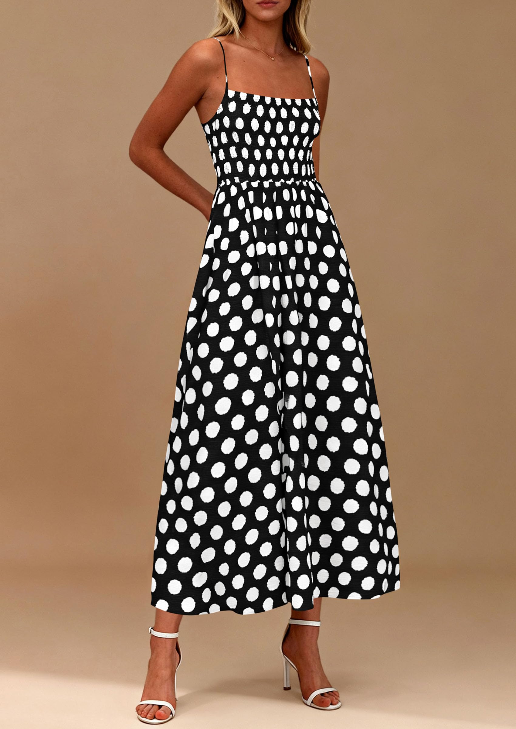 PRETTYGARDEN Womens Summer Dresses Spring Sleeveless Spaghetti Straps Casual Midi Dress Polka Dot Smocked Beach Sundress PRETTYGARDEN