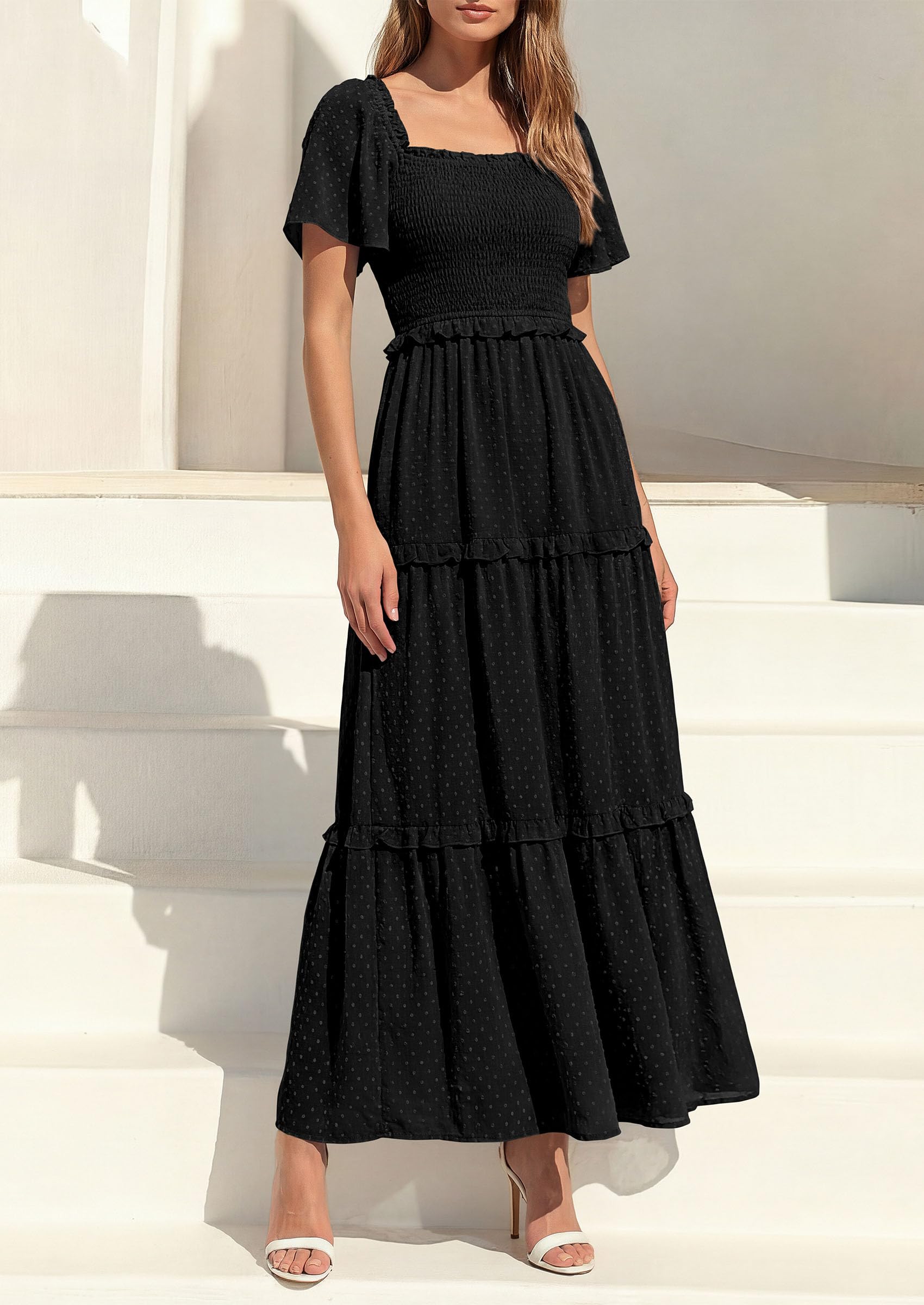 PRETTYGARDEN Summer Dresses for Women Boho Swiss Dot Smocked Square Neck Short Sleeve Spring Wedding Guest Maxi Dress PRETTYGARDEN