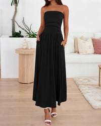 BTFBM Summer Maxi Dresses for Women Strapless Ruched Tube Top Beach Vacation Spring Wedding Guest Dress Pockets PRETTYGARDEN