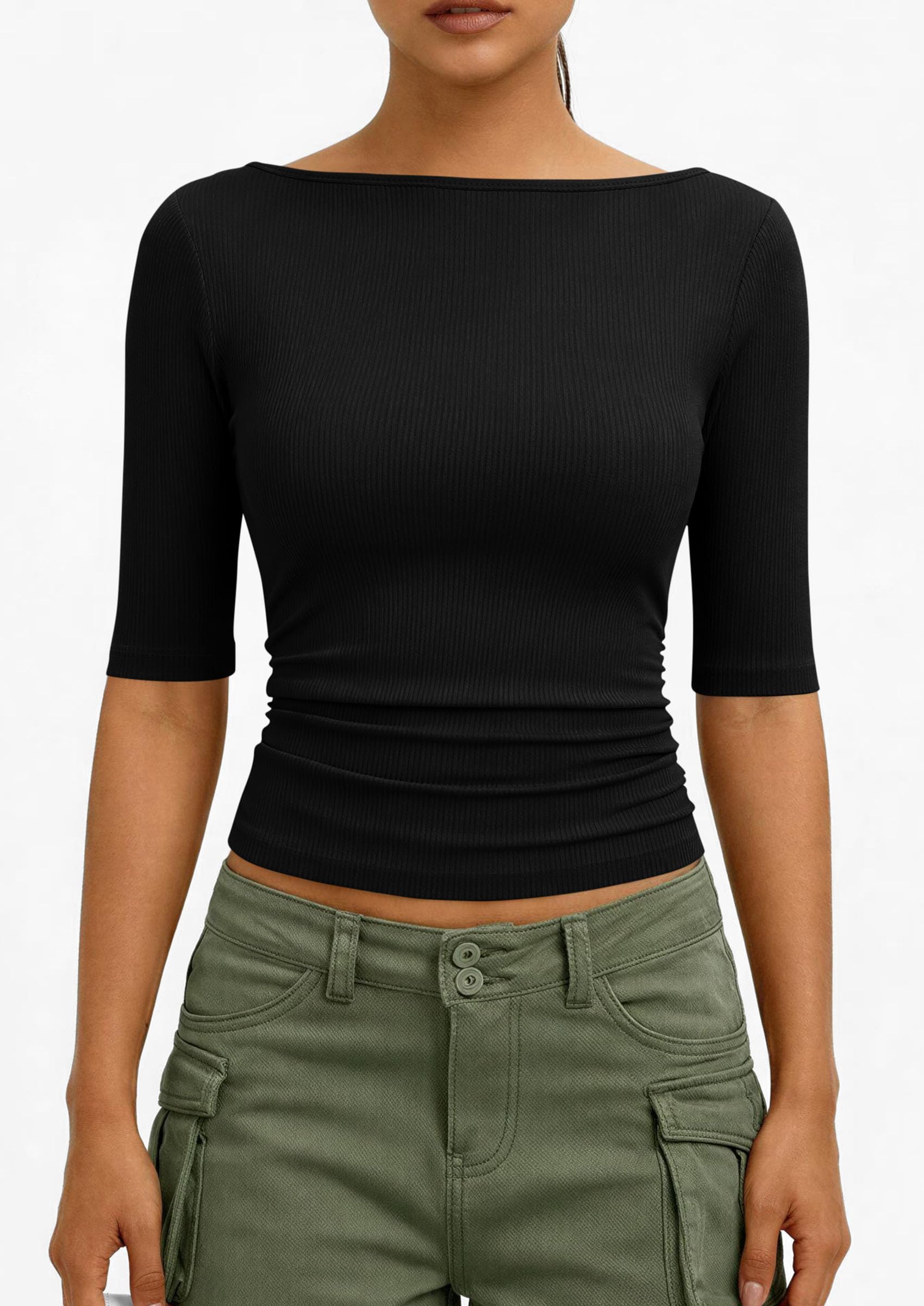 PRETTYGARDEN Womens Summer Short Sleeve Tops Boat Neck Ribbed Knit Slim Fit T Shirt Casual Basic Top Spring Clothes PRETTYGARDEN