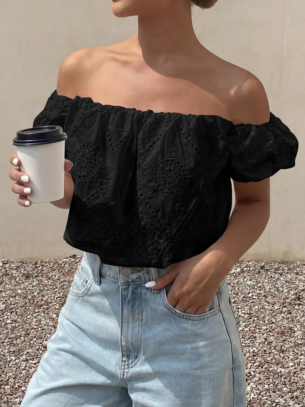 PRETTYGARDEN Women's Summer Off The Shoulder Tops Dressy Casual Puff Short Sleeve Embroidered Eyelet Cute Blouse Shirts PRETTYGARDEN