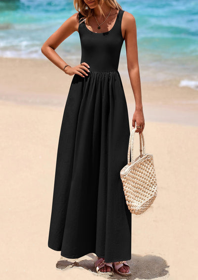 PRETTYGARDEN Womens Summer Casual Scoop Neck Sleeveless Long Dresses Tank Top Patchwork Aline Swing Maxi Dress with Pockets