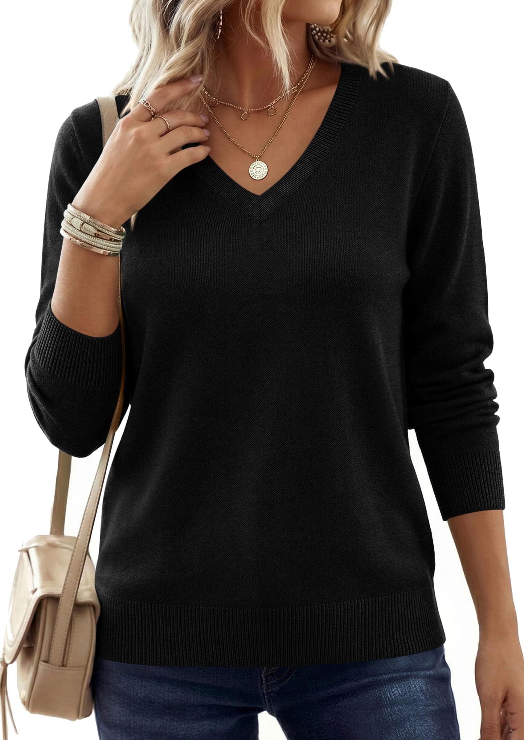 PRETTYGARDEN Women's V Neck Sweaters Fall Casual Long Sleeve Classic Pullover Cozy Knit Tops Loose Basic Winter Clothing PRETTYGARDEN