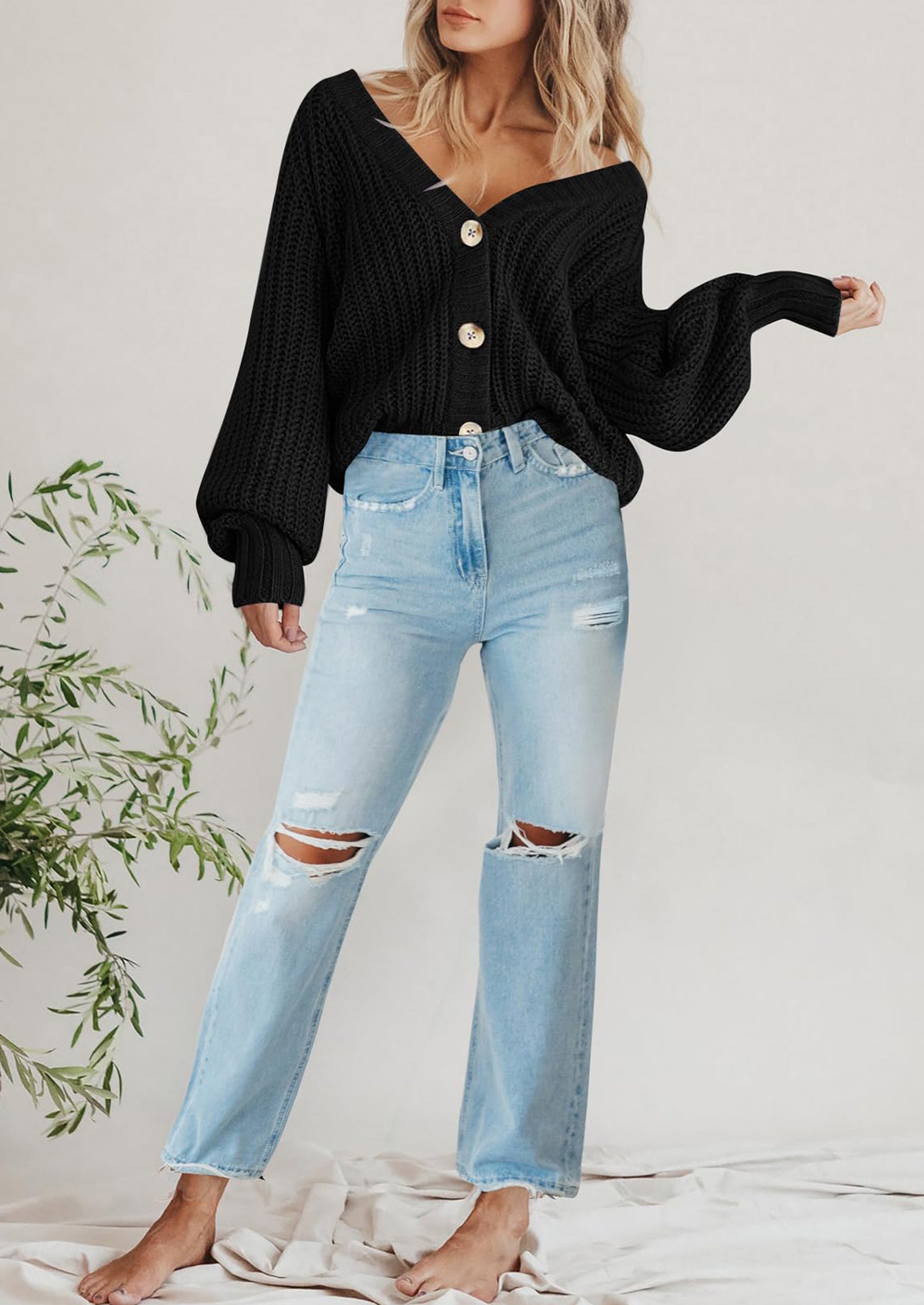 PRETTYGARDEN Women's Chunky Knit Open Front Sweater Long Sleeve Button Loose Short Cardigan Outerwear Coats