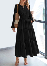 PRETTYGARDEN Women's Elegant Maxi Dresses Long Sleeve V Neck Flowy Pockets Casual Modest Dress Fall Fashion Clothes