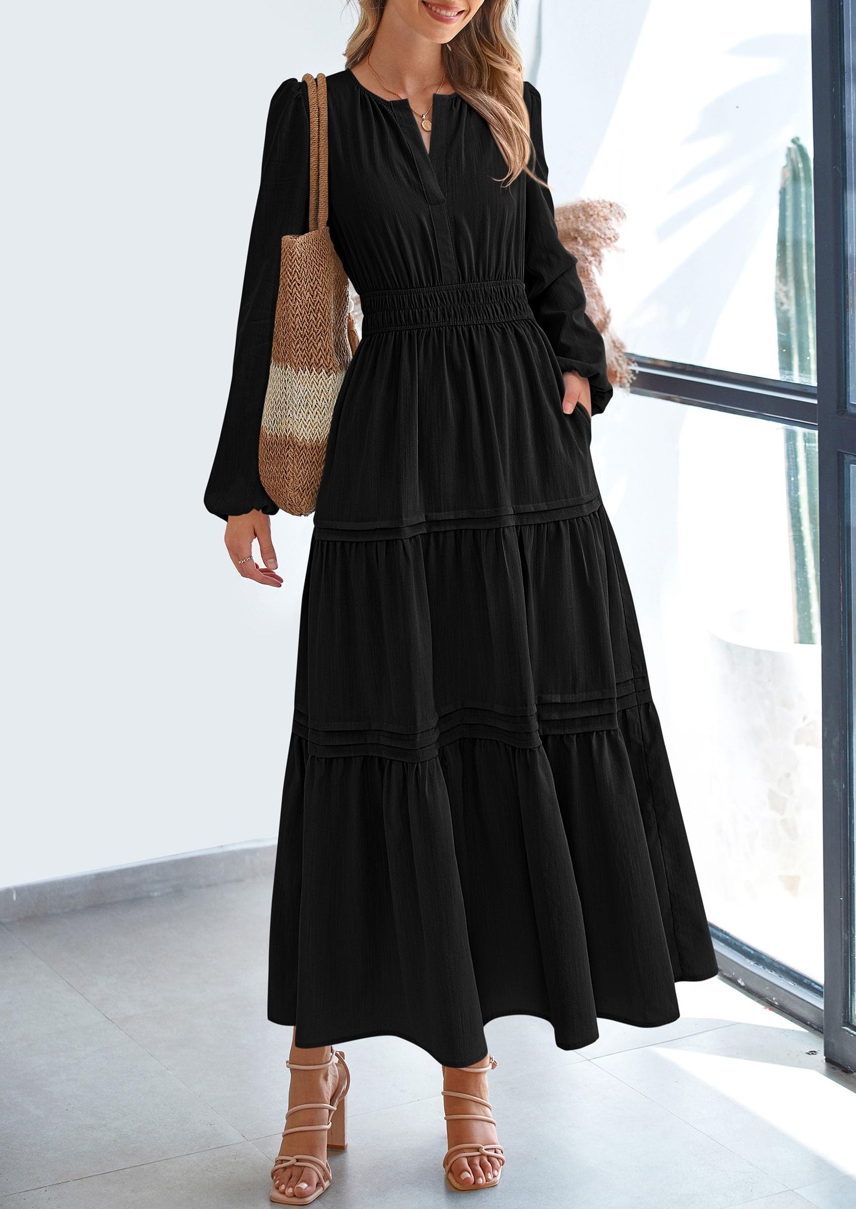 PRETTYGARDEN Women's Elegant Maxi Dresses Long Sleeve V Neck Flowy Pockets Casual Modest Dress Fall Fashion Clothes