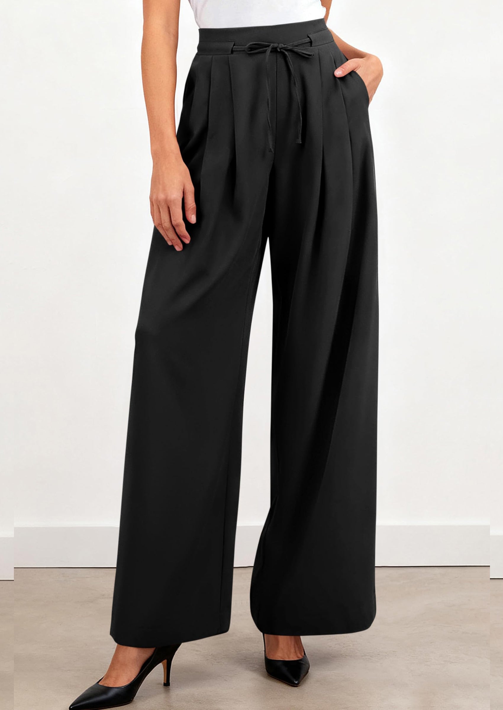 PRETTYGARDEN Women Wide Leg Pants Business Casual Elastic Waist Work Trousers Dressy Pants with Pockets PRETTYGARDEN