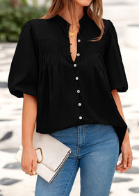 Women's 2025 Summer Short Lantern Sleeve Tops Loose Fit Button Down Shirt Casual Pleated V Neck Blouses