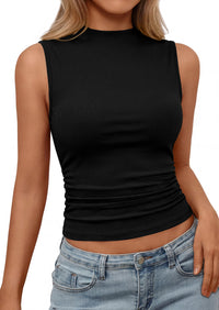 PRETTYGARDEN Tank Top for Women Summer Fashion Clothing Mock Neck Ribbed Knit Slim Fitted Shirts Going Out Tops PRETTYGARDEN