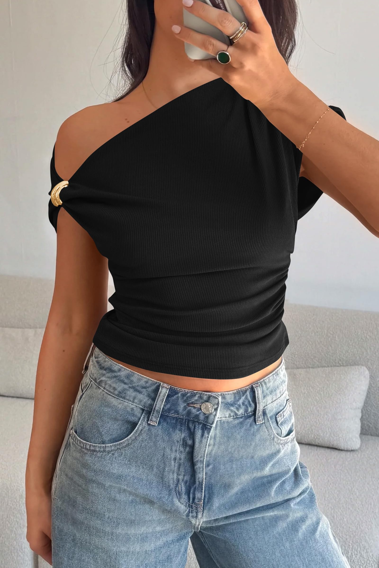 PRETTYGARDEN Womens Summer Off The Shoulder Crop Tops Ribbed Going Out Fitting T Shirts Trendy Spring Y2k Clothes PRETTYGARDEN