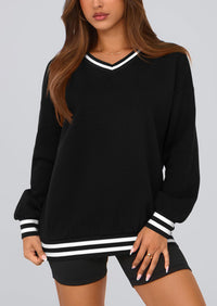 PRETTYGARDEN Women's Oversized Sweatshirts Casual Long Sleeve Stripes Knit V Neck Pullover Top Fall Teens Preppy Clothes