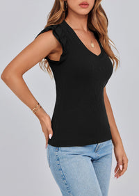 Womens V Neck Summer Ruffle Sleeveless Slim Fit  Going Out Casual T-shirts