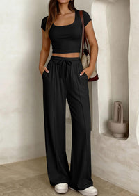 PRETTYGARDEN Women's 2 Piece Matching Lounge Sets Ribbed Short Sleeve Crop Tops Wide Leg Pants Summer Airport Outfits PRETTYGARDEN