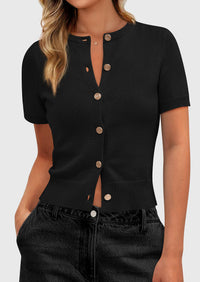 PRETTYGARDEN Womens Casual Summer Short Sleeve Cardigans Button Down Knitted Sweater Basic Crew Neck Crop Tops