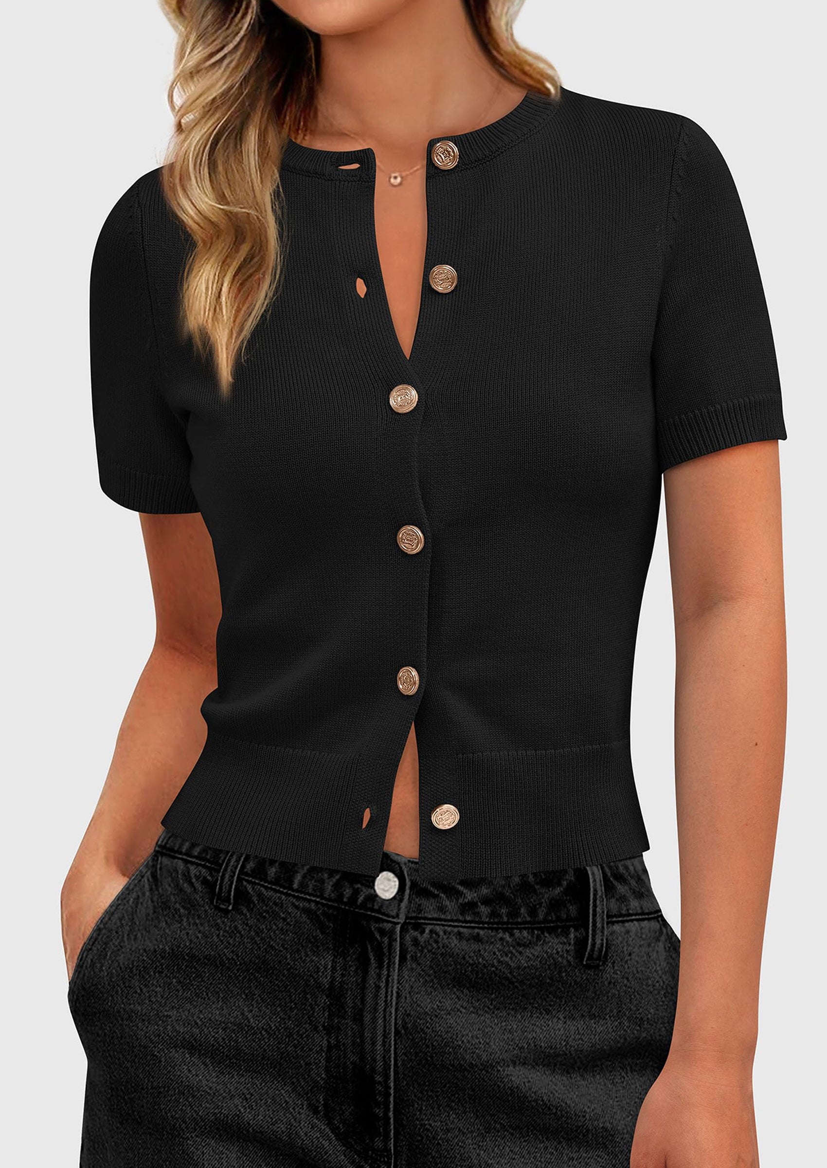 PRETTYGARDEN Womens Casual Summer Short Sleeve Cardigans Button Down Knitted Sweater Basic Crew Neck Crop Tops