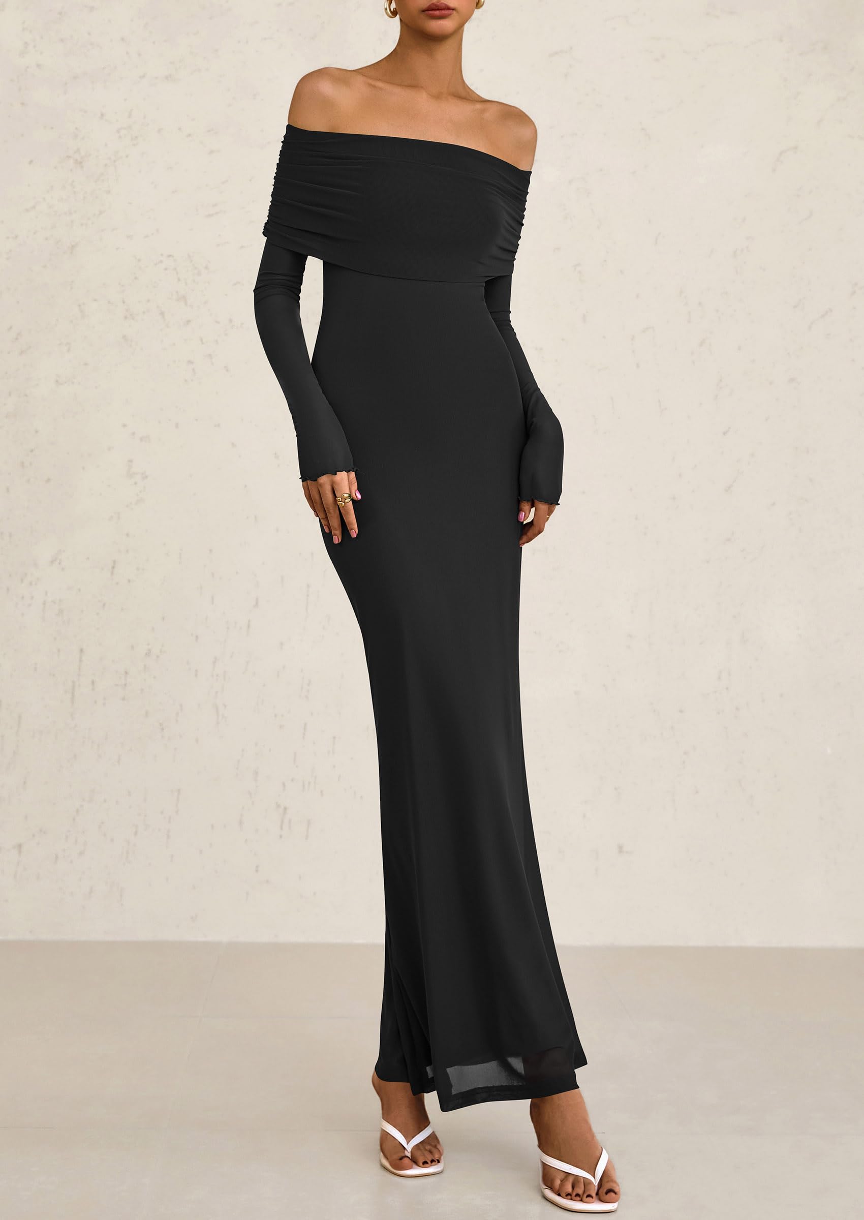 PRETTYGARDEN Off The Shoulder Dresses for Women Mesh Long Sleeve Baby Shower Formal Wedding Guest Dress