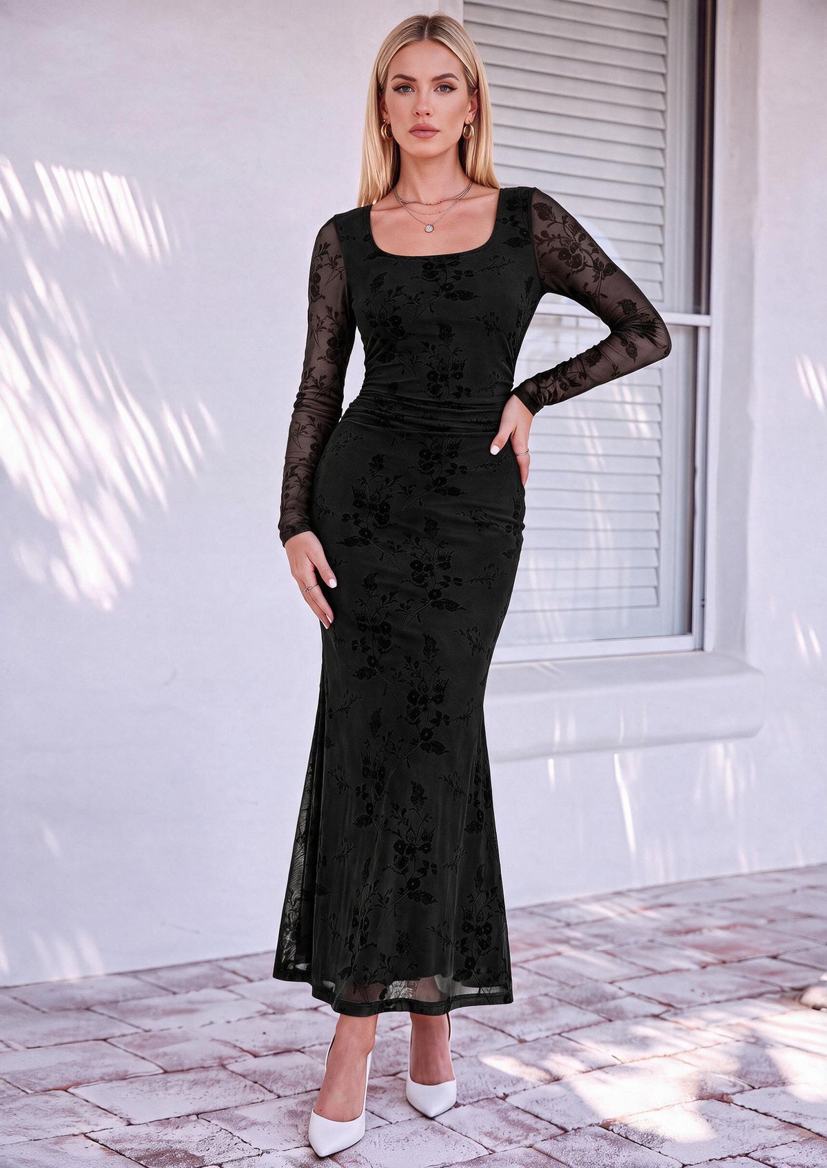 PRETTYGARDEN Women's Long Sleeve Floral Maxi Bodycon Dress  Cocktail Dresses for Wedding Guest, Square Neck, Stretchy Mesh, Elegant Classy, Formal Holiday Party, Fall Date Night Outfits