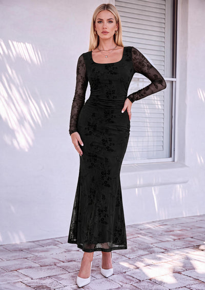 PRETTYGARDEN Women's Long Sleeve Floral Maxi Bodycon Dress  Cocktail Dresses for Wedding Guest, Square Neck, Stretchy Mesh, Elegant Classy, Formal Holiday Party, Fall Date Night Outfits