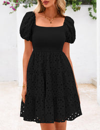 Womens Summer Puff Sleeve Mini Dress Off Shoulder Eyelet Smocked A Line Casual Babydoll Short Dresses